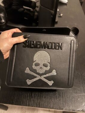 Steve Madden Black Leather Skull Crossbody Bag with Rhinestone Accent